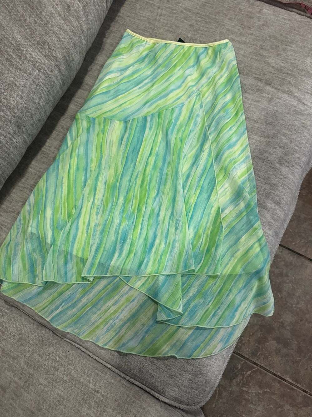 Y2K Wrapper Green and Blue Abstract Print Asymmetrical Skirt Medium